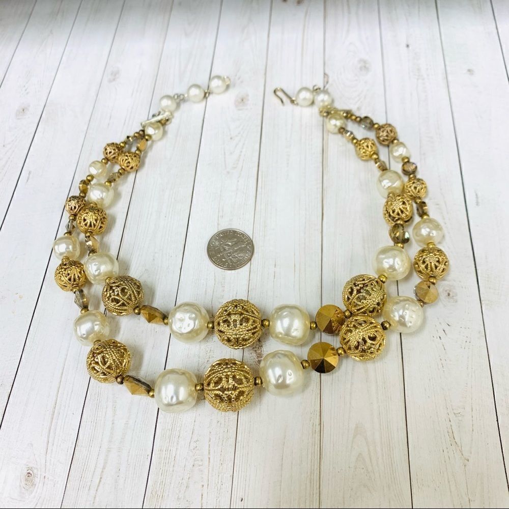 VTG Pearl Gold Filigree Beaded Necklace